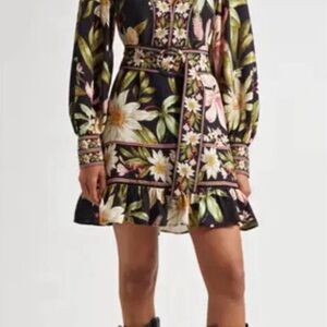 FARM Rio Black Floral Long-Sleeve Mini Dress with Green Leaves